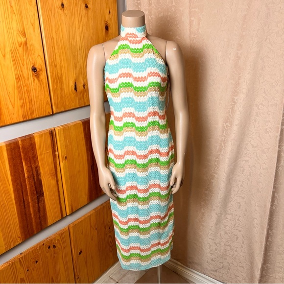 DONNA MORGAN Colourful Crochet Knit Mock Neck Fitted Midi Dress - Size 0 - Picture 5 of 16